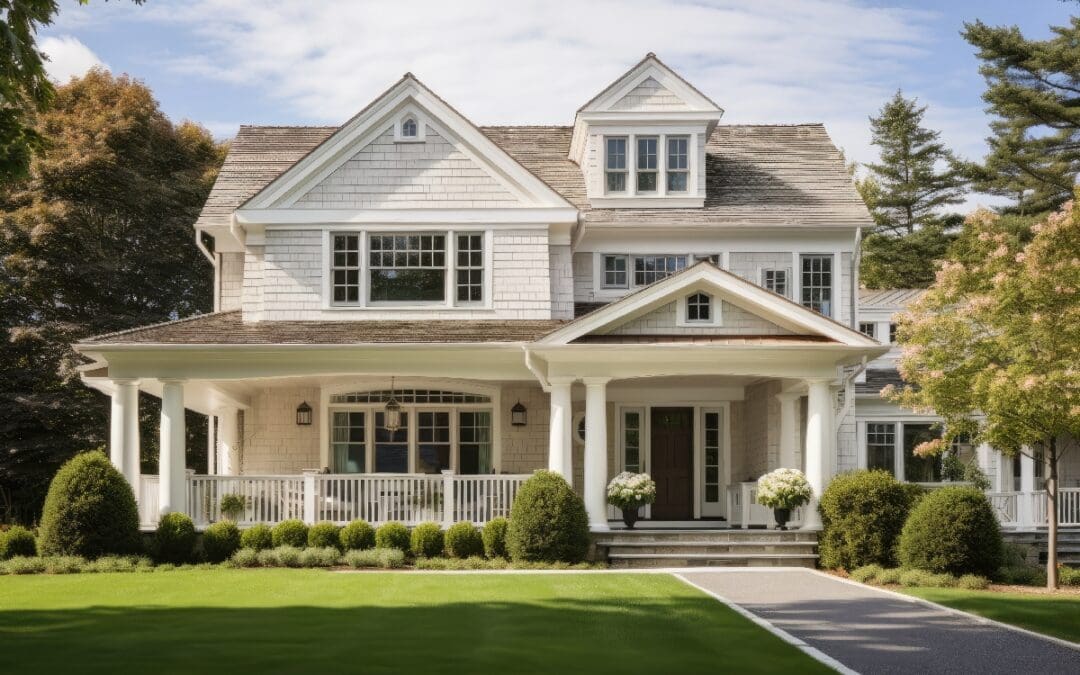 Suburban dream home with a New England style, featuring a beige color scheme.